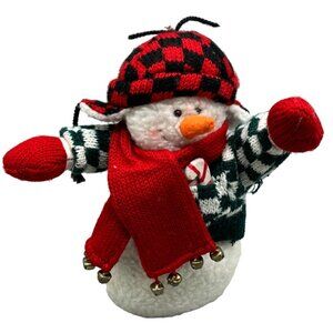 Decorative Snowman Plush With Red Scarf & earmuff Hat cheeker bells stand READ
